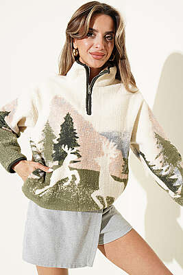 Yarım Fermuarlı Geyik Baskılı Sweatshirt Bej - HELLIE