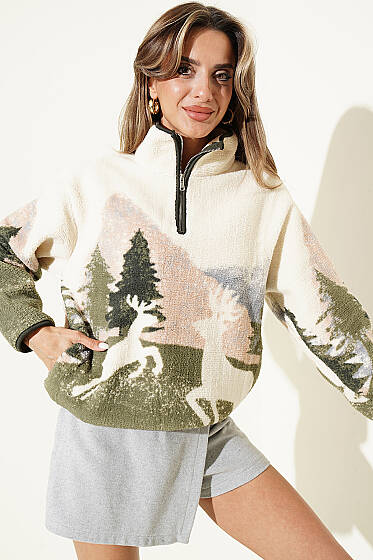 Yarım Fermuarlı Geyik Baskılı Sweatshirt Bej - Kadın Giyim Modelleri