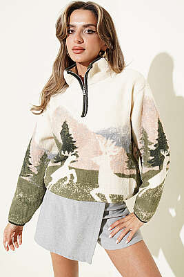 Yarım Fermuarlı Geyik Baskılı Sweatshirt Bej - Kadın Giyim Modelleri