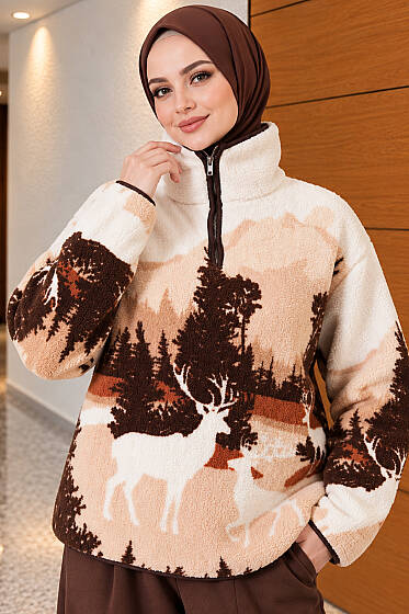 Yarım Fermuarlı Geyik Baskılı Sweatshirt Bej Kahve - Tunik