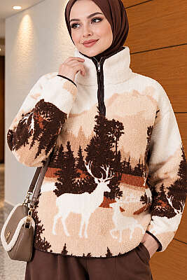 Yarım Fermuarlı Geyik Baskılı Sweatshirt Bej Kahve - Tunik