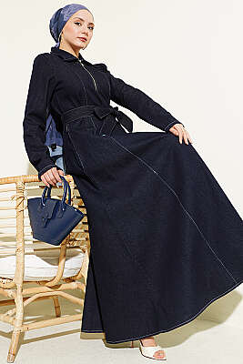 Yarım Fermuarlı Gömlek Yaka Kot Elbise Lacivert - FEVERAN