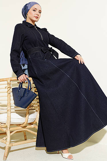 Yarım Fermuarlı Gömlek Yaka Kot Elbise Lacivert - Elbise