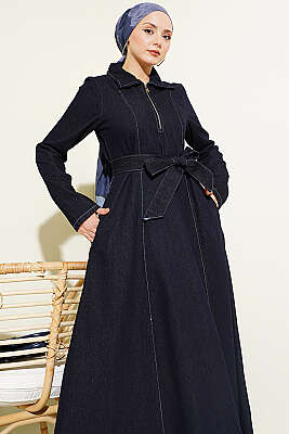 Yarım Fermuarlı Gömlek Yaka Kot Elbise Lacivert - Elbise