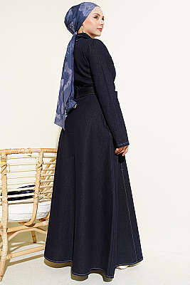 Yarım Fermuarlı Gömlek Yaka Kot Elbise Lacivert - Elbise