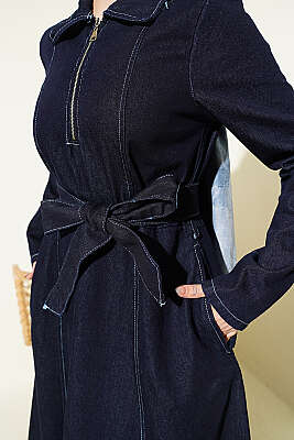 Yarım Fermuarlı Gömlek Yaka Kot Elbise Lacivert - Elbise