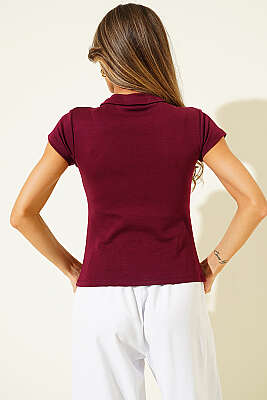 Yarım Fermuarlı Gömlek Yaka T-shirt Bordo - Kadın Giyim Modelleri