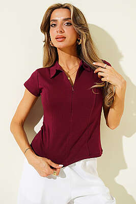 Yarım Fermuarlı Gömlek Yaka T-shirt Bordo 