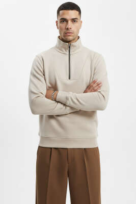 Yarım Fermuarlı İki İpli Erkek Sweatshirt Bej 
