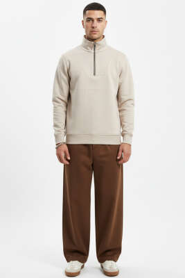 Yarım Fermuarlı İki İpli Erkek Sweatshirt Bej - Erkek Sweatshirt