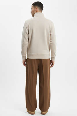 Yarım Fermuarlı İki İpli Erkek Sweatshirt Bej - Erkek Sweatshirt