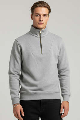 Yarım Fermuarlı İki İpli Erkek Sweatshirt Gri - WİPEOUT