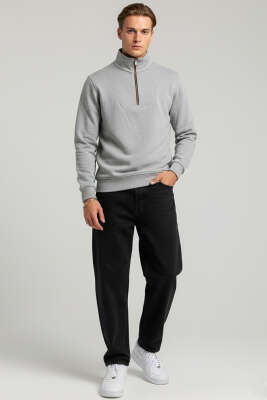 Yarım Fermuarlı İki İpli Erkek Sweatshirt Gri - Erkek Sweatshirt