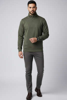 Yarım Fermuarlı İki İpli Erkek Sweatshirt Haki - Erkek Sweatshirt