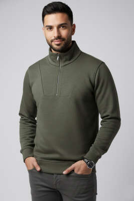 Yarım Fermuarlı İki İpli Erkek Sweatshirt Haki - WİPEOUT