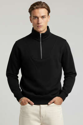 Yarım Fermuarlı İki İpli Erkek Sweatshirt Siyah 