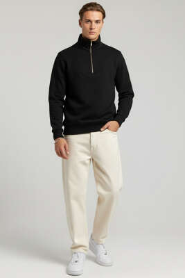 Yarım Fermuarlı İki İpli Erkek Sweatshirt Siyah - Erkek Sweatshirt