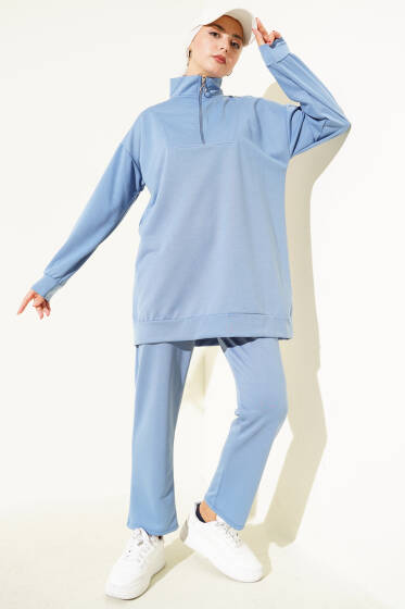 Yarım Fermuarlı İki İpli İkili Takım İndigo - İkili Takım