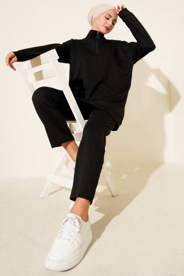 Yarım Fermuarlı İki İpli İkili Takım Siyah - İkili Takım