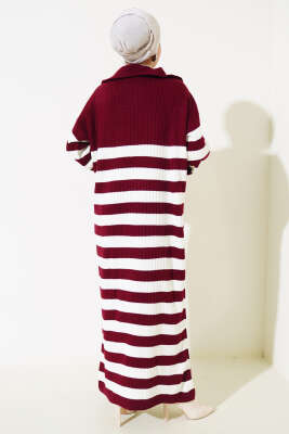 Yarım Fermuarlı Kalın Çizgili Triko Elbise Bordo - Tesettür Elbise