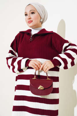 Yarım Fermuarlı Kalın Çizgili Triko Elbise Bordo - Tesettür Elbise