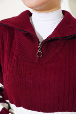 Yarım Fermuarlı Kalın Çizgili Triko Elbise Bordo - Tesettür Elbise