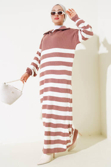 Yarım Fermuarlı Kalın Çizgili Triko Elbise Gül Kurusu - Elbise
