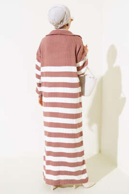 Yarım Fermuarlı Kalın Çizgili Triko Elbise Gül Kurusu - Tesettür Elbise