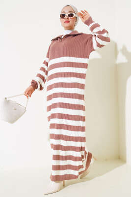 Yarım Fermuarlı Kalın Çizgili Triko Elbise Gül Kurusu - KILIÇ TRİKO