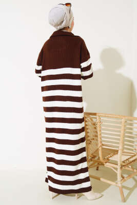 Yarım Fermuarlı Kalın Çizgili Triko Elbise Kahve - Tesettür Elbise