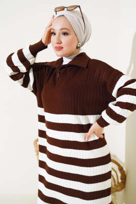 Yarım Fermuarlı Kalın Çizgili Triko Elbise Kahve - Tesettür Elbise