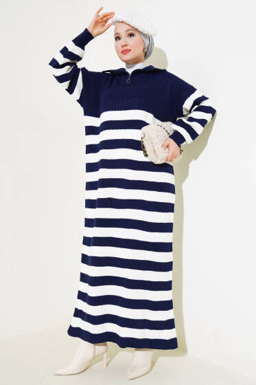 Yarım Fermuarlı Kalın Çizgili Triko Elbise Lacivert - Elbise