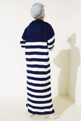 Yarım Fermuarlı Kalın Çizgili Triko Elbise Lacivert - Tesettür Elbise
