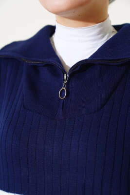 Yarım Fermuarlı Kalın Çizgili Triko Elbise Lacivert - Tesettür Elbise