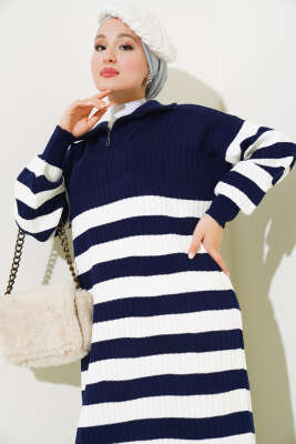 Yarım Fermuarlı Kalın Çizgili Triko Elbise Lacivert - Tesettür Elbise