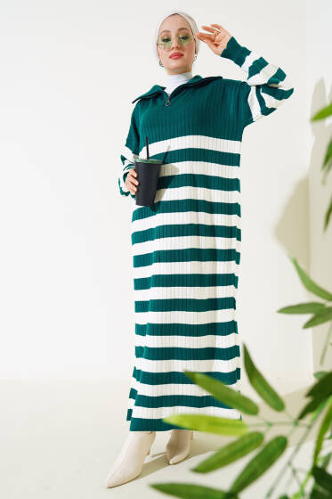 Yarım Fermuarlı Kalın Çizgili Triko Elbise Nefti - Elbise