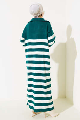 Yarım Fermuarlı Kalın Çizgili Triko Elbise Nefti - Tesettür Elbise
