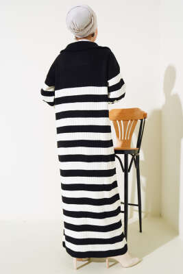 Yarım Fermuarlı Kalın Çizgili Triko Elbise Siyah - Tesettür Elbise