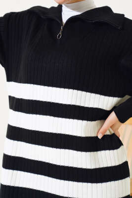 Yarım Fermuarlı Kalın Çizgili Triko Elbise Siyah - Tesettür Elbise