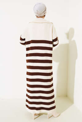 Yarım Fermuarlı Kalın Çizgili Triko Elbise Taş - Tesettür Elbise