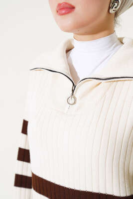 Yarım Fermuarlı Kalın Çizgili Triko Elbise Taş - Tesettür Elbise