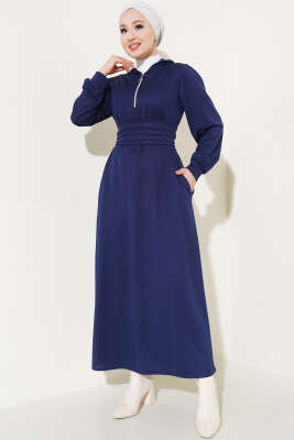 Yarım Fermuarlı Kapüşonlu Elbise Lacivert - Tesettür Elbise