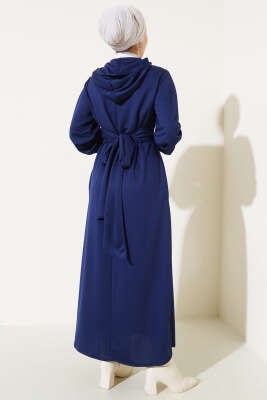 Yarım Fermuarlı Kapüşonlu Elbise Lacivert - Tesettür Elbise