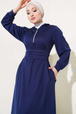 Yarım Fermuarlı Kapüşonlu Elbise Lacivert - Tesettür Elbise