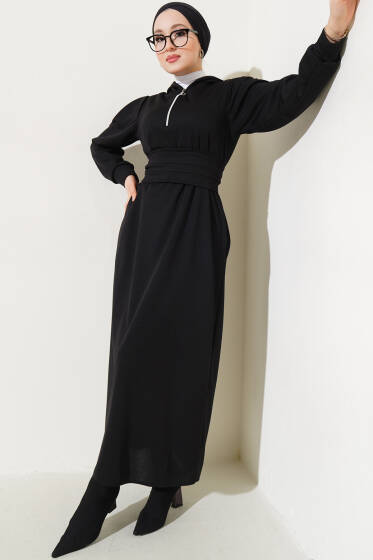 Yarım Fermuarlı Kapüşonlu Elbise Siyah - Elbise