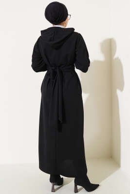 Yarım Fermuarlı Kapüşonlu Elbise Siyah - Tesettür Elbise