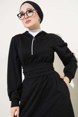 Yarım Fermuarlı Kapüşonlu Elbise Siyah - Tesettür Elbise