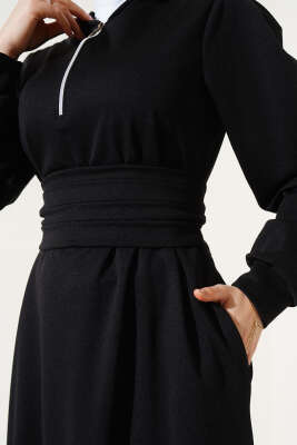 Yarım Fermuarlı Kapüşonlu Elbise Siyah - Tesettür Elbise