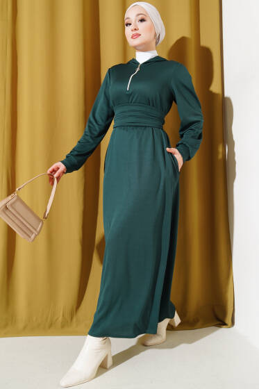 Yarım Fermuarlı Kapüşonlu Elbise Zümrüt - Elbise