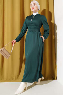Yarım Fermuarlı Kapüşonlu Elbise Zümrüt 